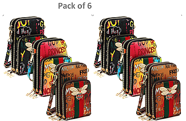 Pack of 6 pieces 2-in-1 BEE ACCENT  Multi Graffiti Print Cell Phone Purse & Crossbody Bag