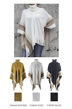 TURTLE NECK STRIPE WITH FRINGE PONCHO