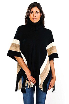 TURTLE NECK STRIPE WITH FRINGE PONCHO