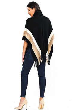 TURTLE NECK STRIPE WITH FRINGE PONCHO