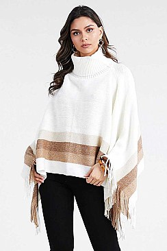 TURTLE NECK STRIPE WITH FRINGE PONCHO
