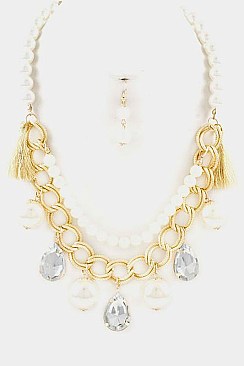 CHARMS IN LAYERED CHAINS AND PEARLS NECKLACE SET