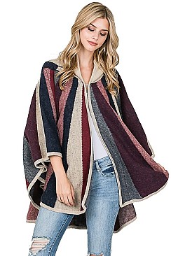 Hooded Stripe Pattern Poncho