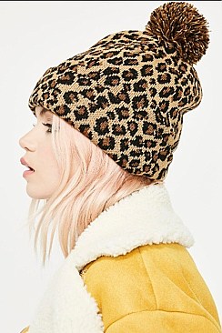 Pack of 12 Leopard Pompom Beanies