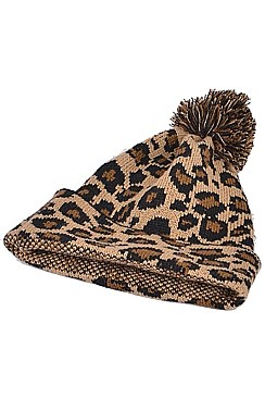 Pack of 12 Leopard Pompom Beanies