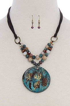 ROUND METAL PENDANT BEADED STATEMENT NECKLACE JY12-5425
