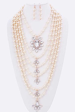 Mix Pearl Crystal Pendant Layer Statement Necklace Set