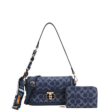 wholesale Scarfed Oval Print Shoulder Bag & Wallet Set nv