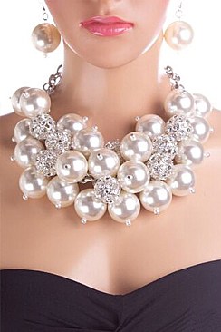 Crystal Ball and Mix Pearls Statement Necklace Set