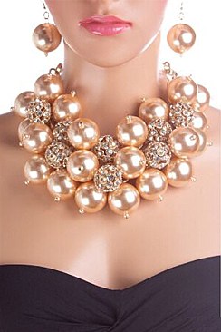 Crystal Ball and Mix Pearls Statement Necklace Set