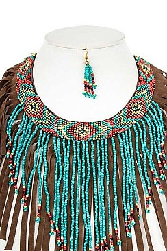 SUEDE AZTEC BEAD STATEMENT NECKLACE SET