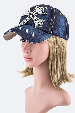 Crystal Cross Embellished Fashion Denim Cap