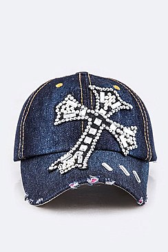 Crystal Cross Embellished Fashion Denim Cap
