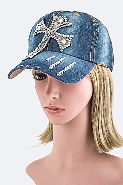 Crystal Cross Embellished Fashion Denim Cap LA-EMH8599