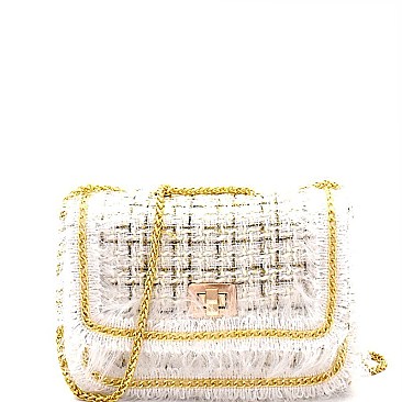 Chain Accent Faux-Fur Detail Tweed Shoulder Bag MH-1297D