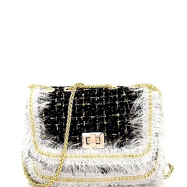 Chain Accent Faux-Fur Detail Tweed Shoulder Bag MH-1297D