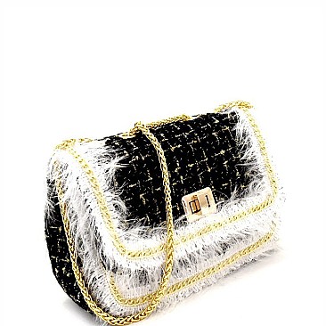 Chain Accent Faux-Fur Detail Tweed Shoulder Bag MH-1297D