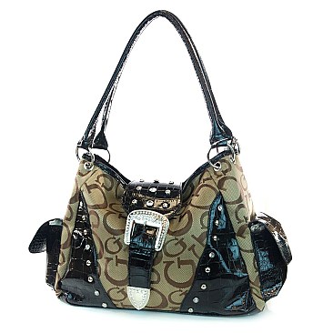 Flap Top Buckle Stoned Handbag