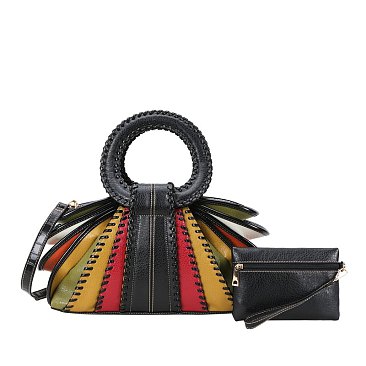 2-in-1 Stitched Accordion Patchwork Satchel black