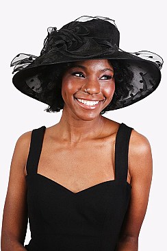 Elegant LARGE BRIM ORGANZA POLKA DOT Derby HAT