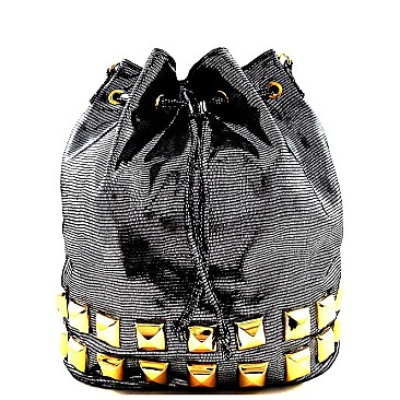 151004-LP Rock Stud Fabric Drawstring 2 Way Bucket Hobo