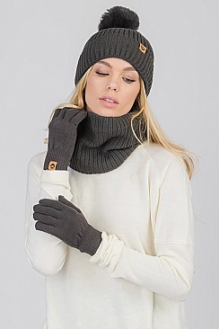 Pack of 12 DETACHABLE FUR POM-POM KNIT SWEATER HAT, INFINITY SCARF & GLOVES SET