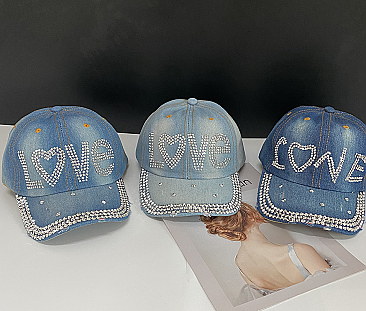 "Love-Heart" denim rhinestone cap