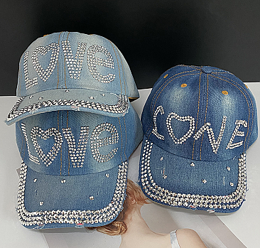 "Love-Heart" denim rhinestone cap