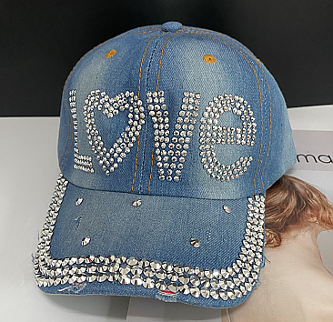 "Love-Heart" denim rhinestone cap