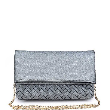 LUXURIOUS VEGAN LEATHER EMBER WOVEN POCKET METALLIC CLUTCH BAG JY16313M