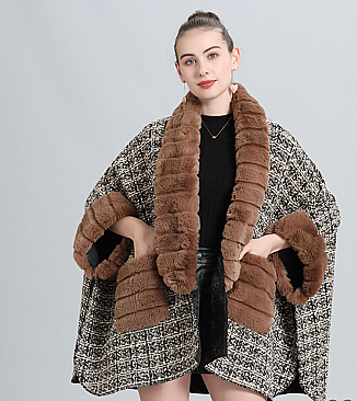 Women's Woolen Quality Winter Shawl Wrap Cape With Fur