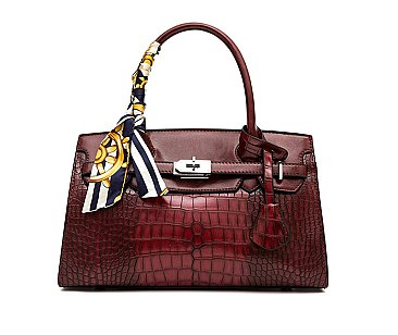 Crocodile Padlock Scarfed Handle Satchel Handbag