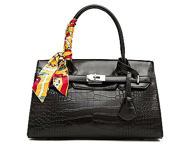 Crocodile Padlock Scarfed Handle Satchel Handbag