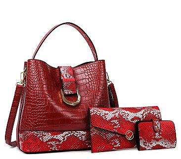 3 in 1 Crocodile-Snake Pattern Bucket Hobo Set