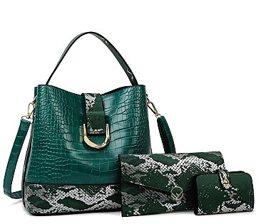 3 in 1 Crocodile-Snake Pattern Bucket Hobo Set