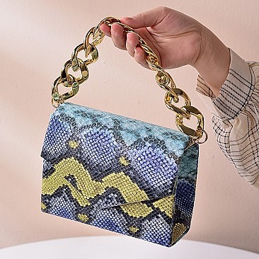 CHAIN HANDLE SNAKE PRINT SHOULDER SATCHEL BAG