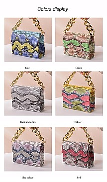 CHAIN HANDLE SNAKE PRINT SHOULDER SATCHEL BAG