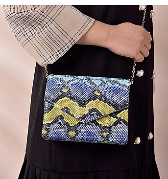 CHAIN HANDLE SNAKE PRINT SHOULDER SATCHEL BAG