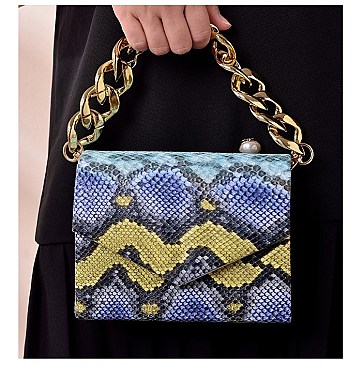 CHAIN HANDLE SNAKE PRINT SHOULDER SATCHEL BAG