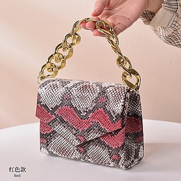 CHAIN HANDLE SNAKE PRINT SHOULDER SATCHEL BAG