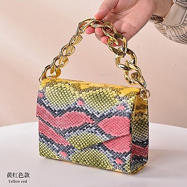 CHAIN HANDLE SNAKE PRINT SHOULDER SATCHEL BAG