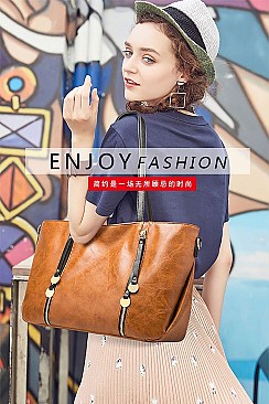 3 IN 1 SMOOTH LEATHER BACK POCKET ACCENT TOTE SHOULDER BAG SET