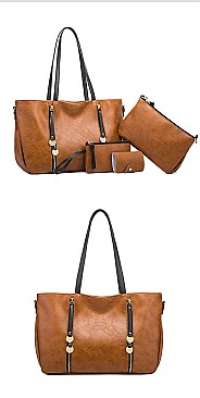 3 IN 1 SMOOTH LEATHER BACK POCKET ACCENT TOTE SHOULDER BAG SET