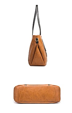 3 IN 1 SMOOTH LEATHER BACK POCKET ACCENT TOTE SHOULDER BAG SET