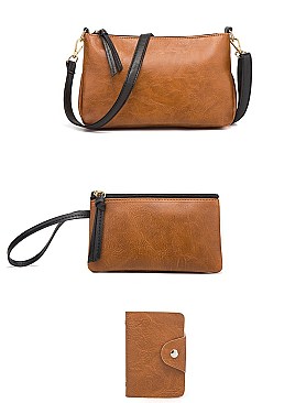 3 IN 1 SMOOTH LEATHER BACK POCKET ACCENT TOTE SHOULDER BAG SET