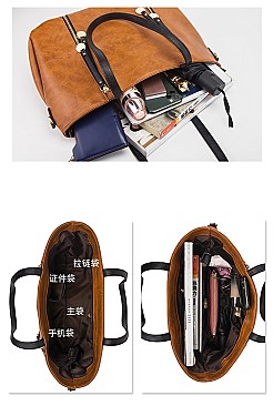 3 IN 1 SMOOTH LEATHER BACK POCKET ACCENT TOTE SHOULDER BAG SET