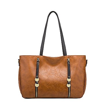 3 IN 1 SMOOTH LEATHER BACK POCKET ACCENT TOTE SHOULDER BAG SET
