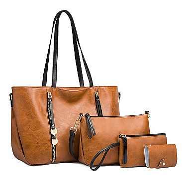 3 IN 1 SMOOTH LEATHER BACK POCKET ACCENT TOTE SHOULDER BAG SET