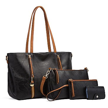 3 IN 1 SMOOTH LEATHER BACK POCKET ACCENT TOTE SHOULDER BAG SET