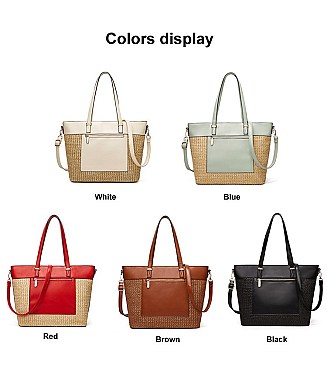 STYLISH TWO TONE SMOOTH TEXTURED TOP STRAW WOVEN TOTE BAG